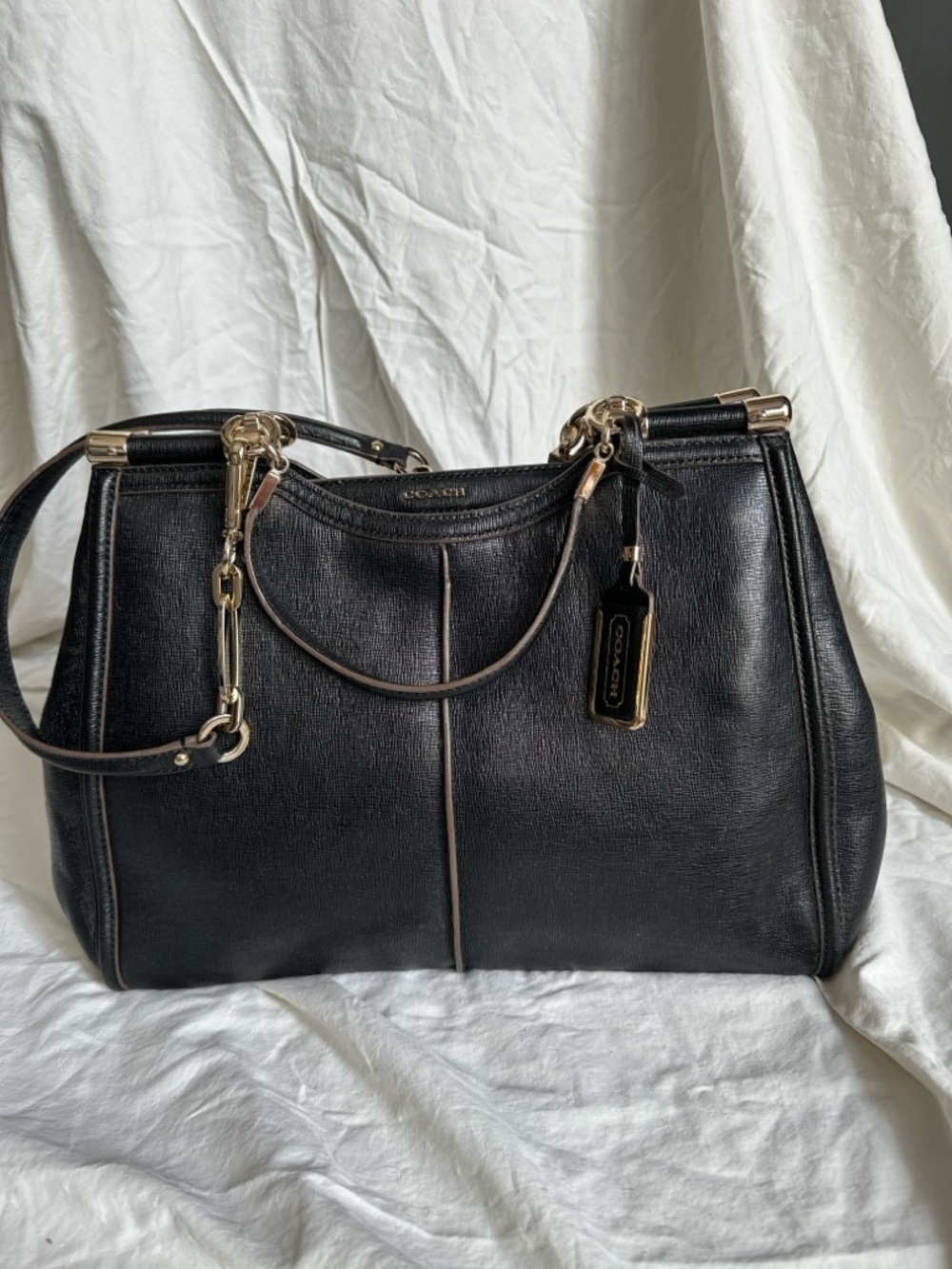 Coach Black Leather Satchel with Gold-Tone Hardware and Top Handles